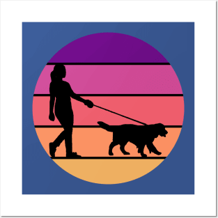 Woman Walking A Dog in Sunset Circle Posters and Art